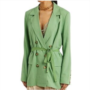 Free People Olivia Blazer Linen Green Womens Small Oversized‎ Belted Lightweight
